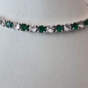 Elegant Sterling  Silver Clear and Green Stones Tennis Bracelet 8 Inches Long